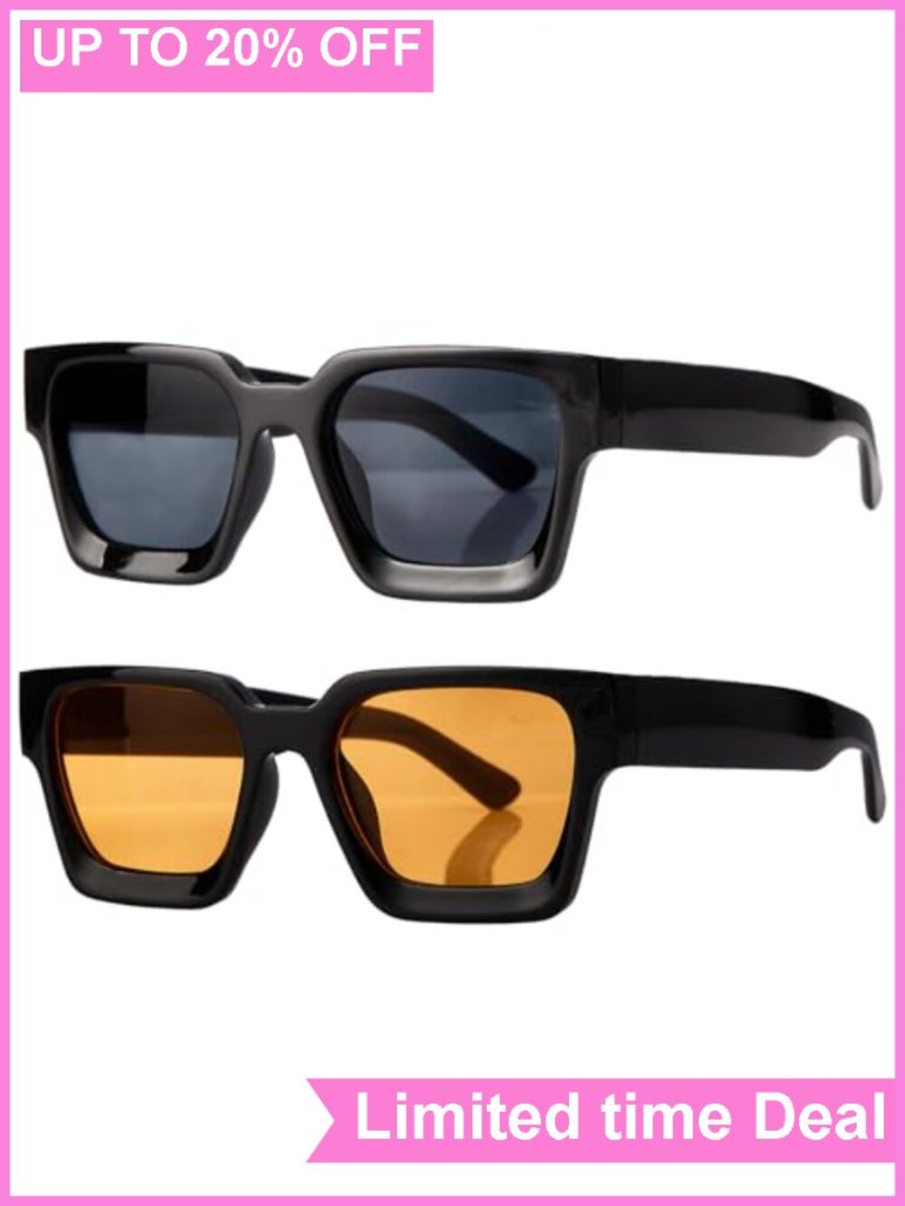 2 Pack Chunky Square Sunglasses Retro Thick Frame Shades for Women Men UV